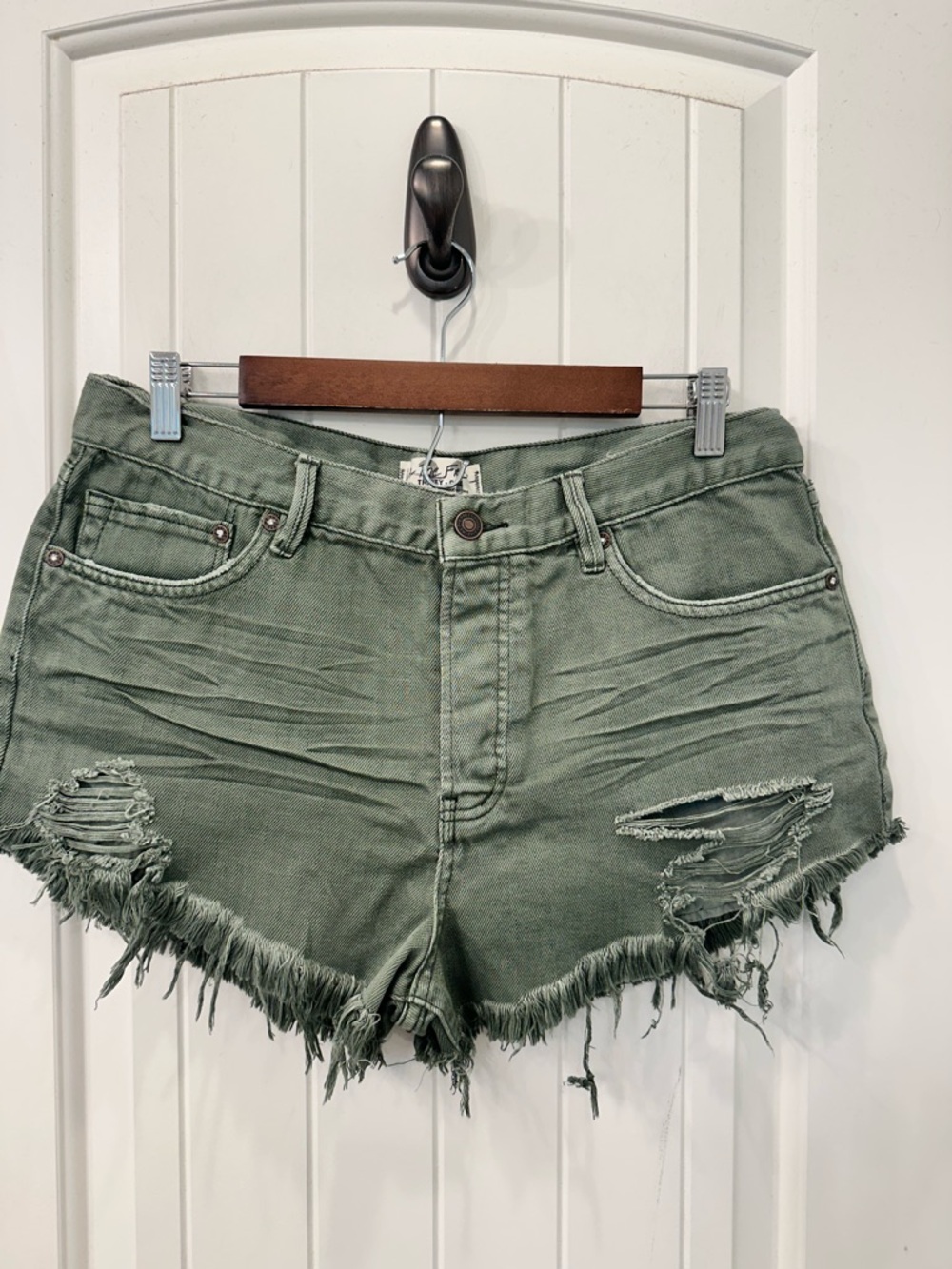 We The Free People Green Distressed Denim Shorts 31 Cutoff Fray Boho